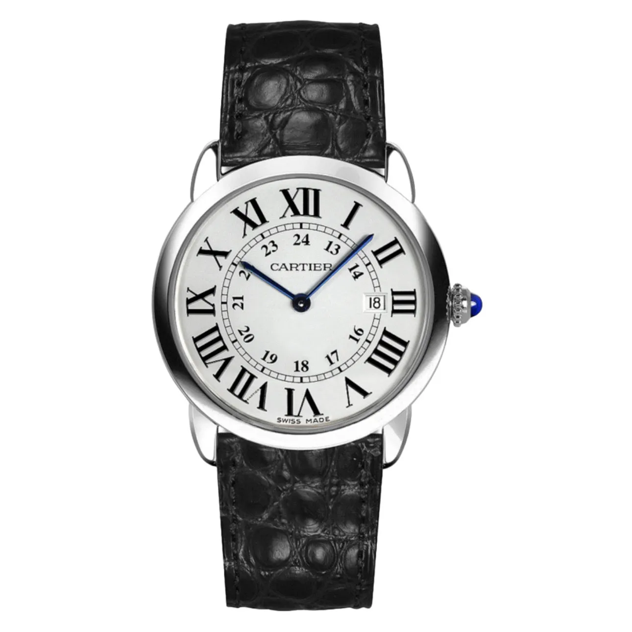 Cartier Ronde Solo de Cartier 36mm Watch - Ref: W6700255 - Silver Roman & Arabic Dial, Black Leather Strap