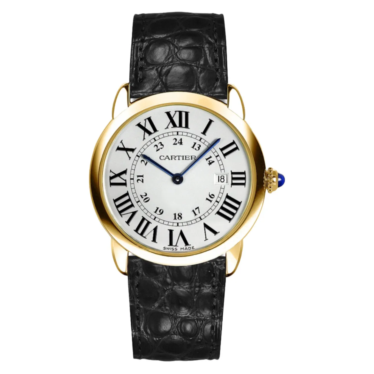 Cartier Ronde Solo de Cartier 36mm Watch - Ref: W6700455 - Silver Roman & Arabic Dial in 18K Yellow Gold Case, Black Leather Strap