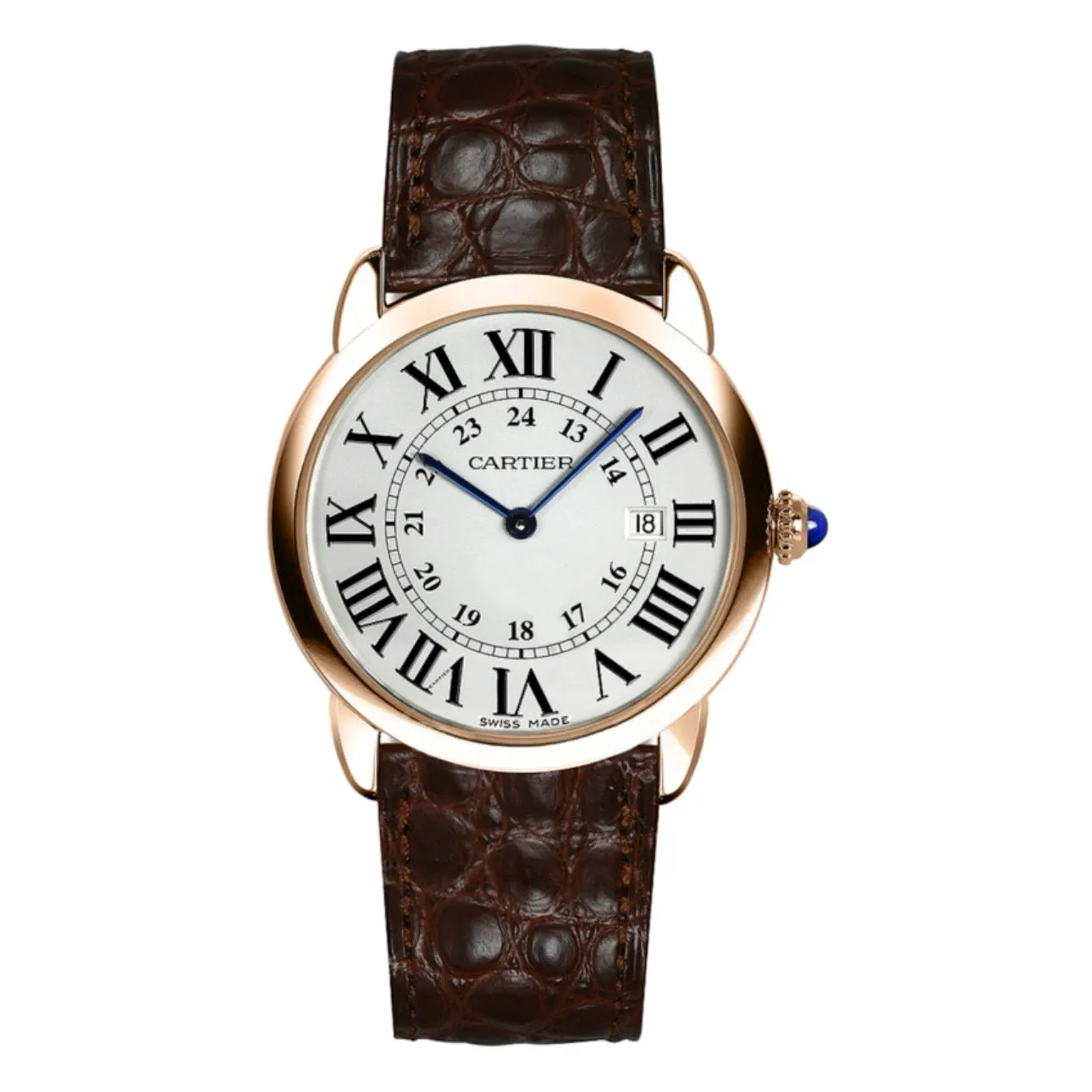 Cartier Ronde Solo de Cartier 36mm Watch - Ref: W6701008 - Silver Roman & Arabic Dial in 18K Rose Gold Case, Brown Leather Strap