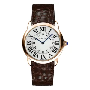 Cartier Ronde Solo de Cartier 36mm Watch - Ref: W6701008 - Silver Roman & Arabic Dial in 18K Rose Gold Case, Brown Leather Strap