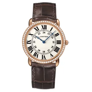 Cartier Ronde Solo de Cartier 36mm Watch - Ref: WR000651 - Silver Roman & Arabic Dial & Diamond Bezel in 18K Rose Gold Case, Brown Alligator Strap