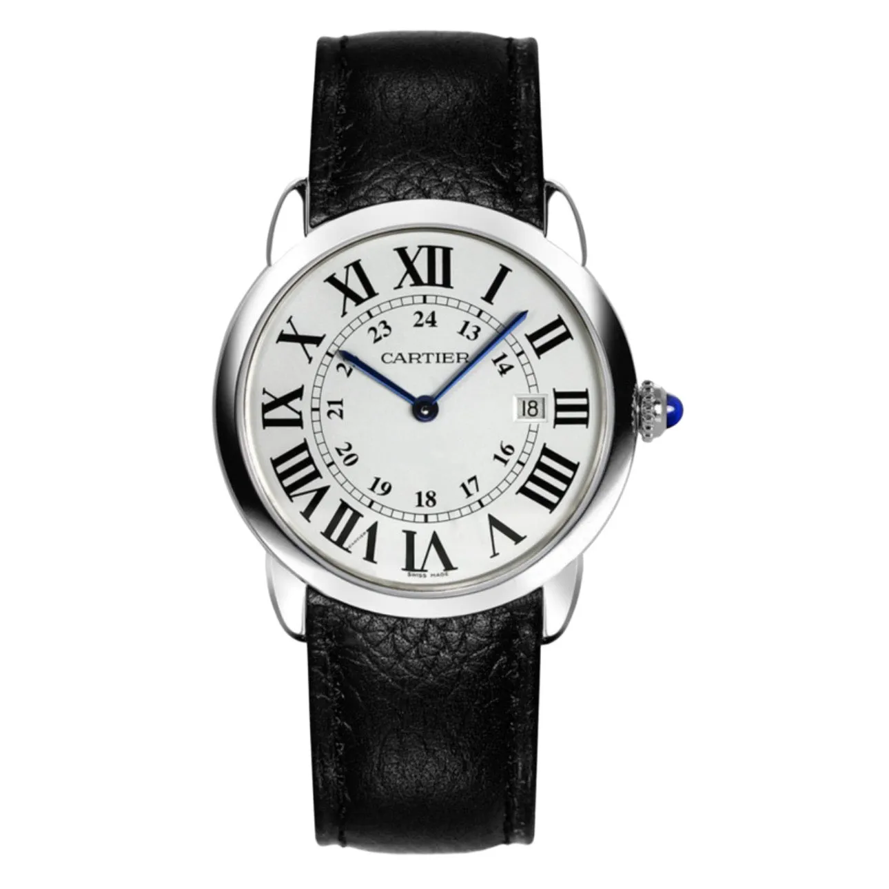 Cartier Ronde Solo de Cartier 36mm Watch - Ref: WSRN0029 - Silver Roman & Arabic Dial, Black Calfskin Strap