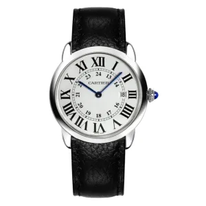 Cartier Ronde Solo de Cartier 36mm Watch - Ref: WSRN0029 - Silver Roman & Arabic Dial, Black Calfskin Strap