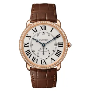 Cartier Ronde Solo de Cartier 40mm Watch - Ref: WR007017 - Silver Roman & Arabic Dial & Diamond Bezel in 18K Rose Gold Case, Brown Alligator Strap