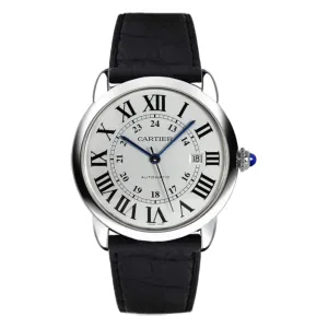 Cartier Ronde Solo de Cartier 42mm Watch - Ref: W6701010 - Silver Roman & Arabic Dial, Black Leather Strap