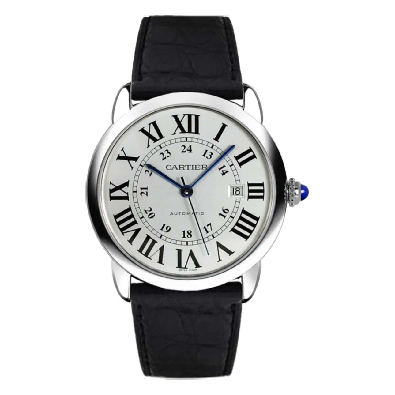 Cartier Ronde Solo de Cartier 42mm Watch - Ref: W6701010 - Silver Roman & Arabic Dial, Black Leather Strap