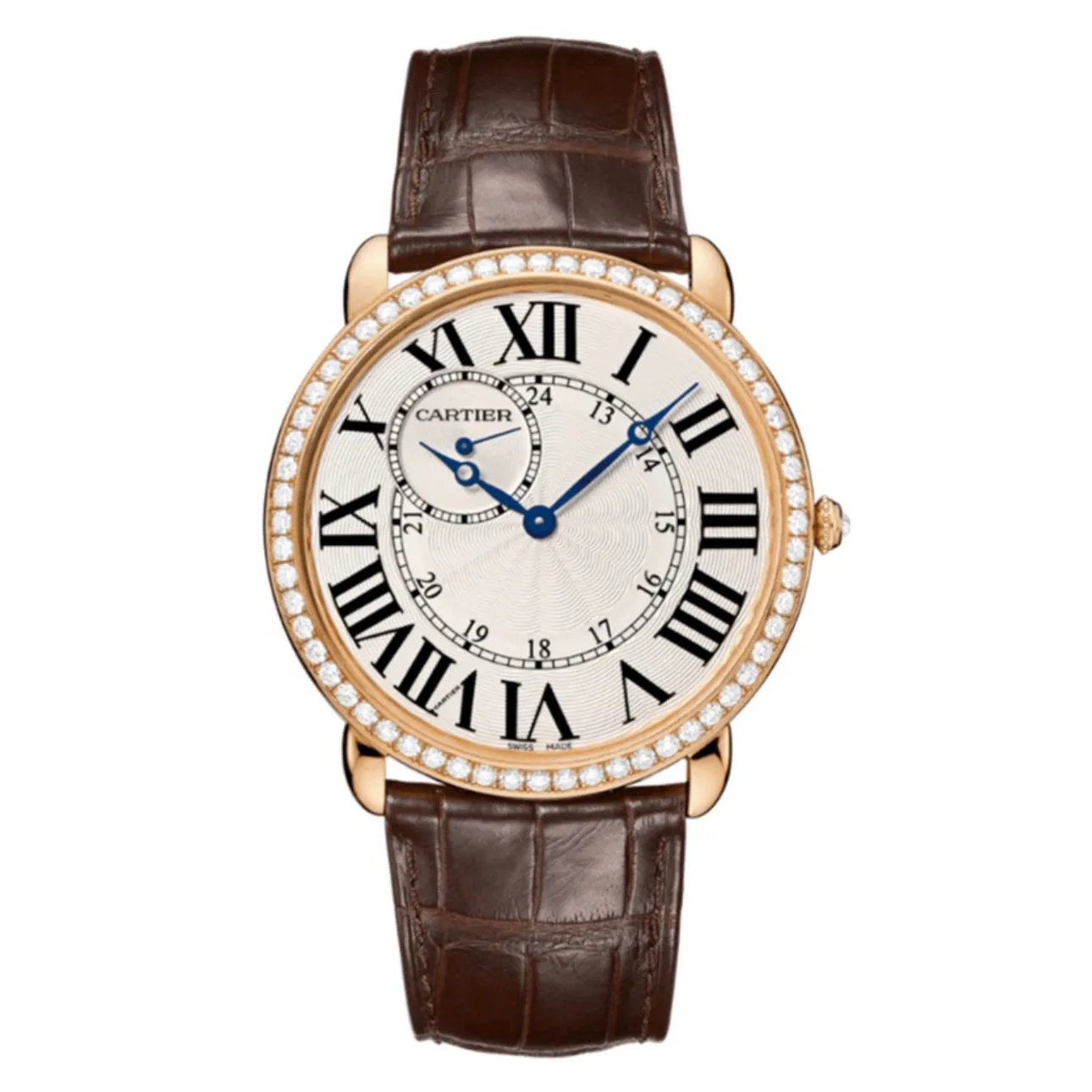 Cartier Ronde Solo de Cartier 42mm Watch - Ref: WR007001 - Silver Roman & Arabic Dial & Diamond Bezel in 18K Rose Gold Case, Brown Alligator Strap