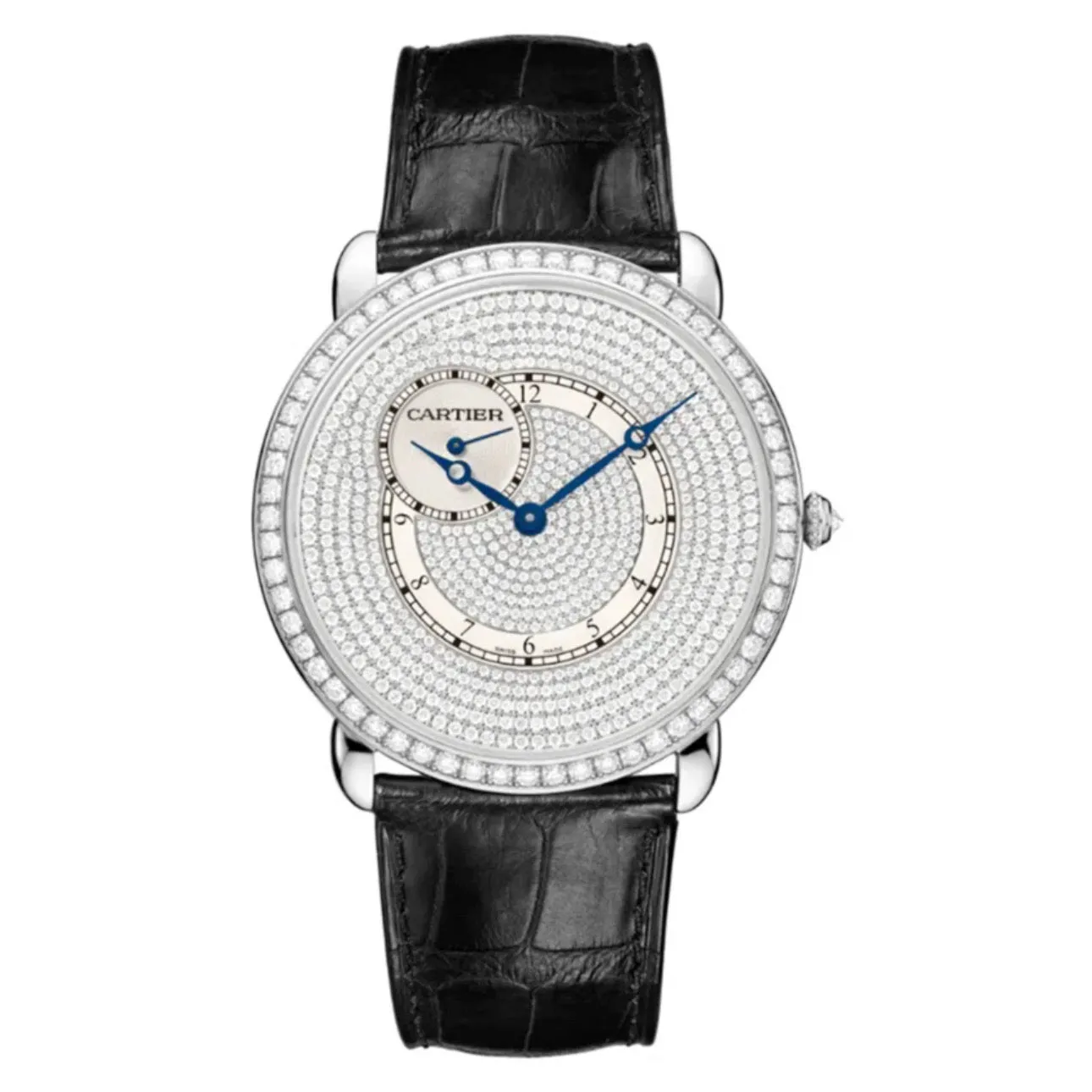 Cartier Ronde Solo de Cartier 42mm Watch - Ref: WR007003 - Pave Diamond Arabic Dial & Diamond Bezel in 18K White Gold Case, Black Alligator Strap