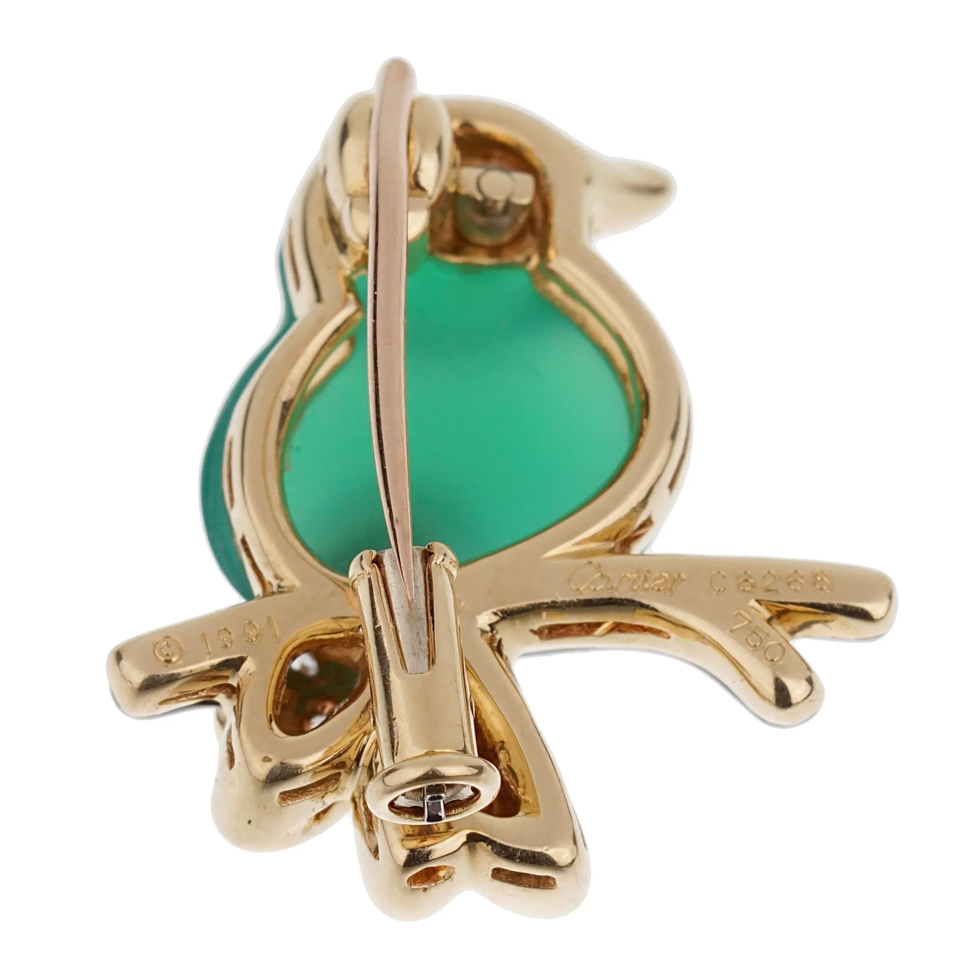 Cartier Vintage Bird on a Branch 18k Gold Chrysoprase Ruby Onyx Brooch