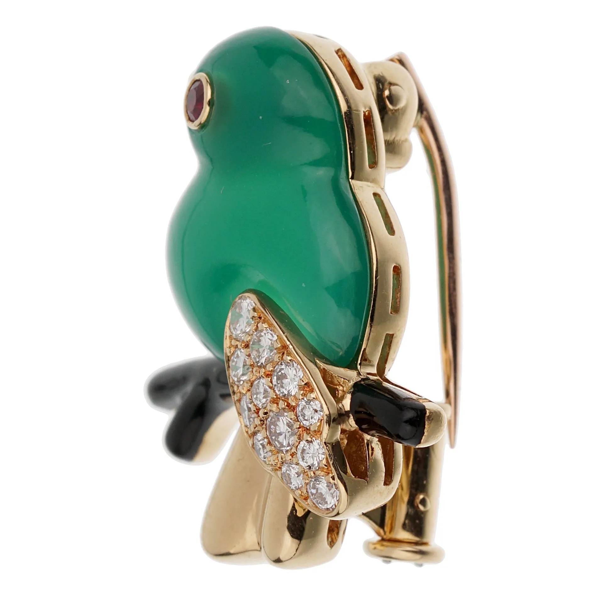Cartier Vintage Bird on a Branch 18k Gold Chrysoprase Ruby Onyx Brooch
