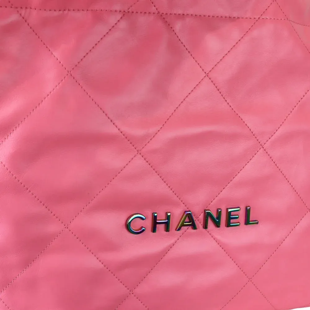 Chanel 22 Tote With Pouch- Medium Pink Quilted Calfskin, Rainbow Hardware