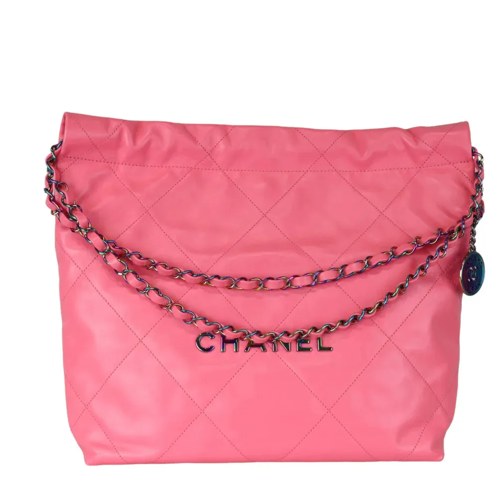 Chanel 22 Tote With Pouch- Medium Pink Quilted Calfskin, Rainbow Hardware