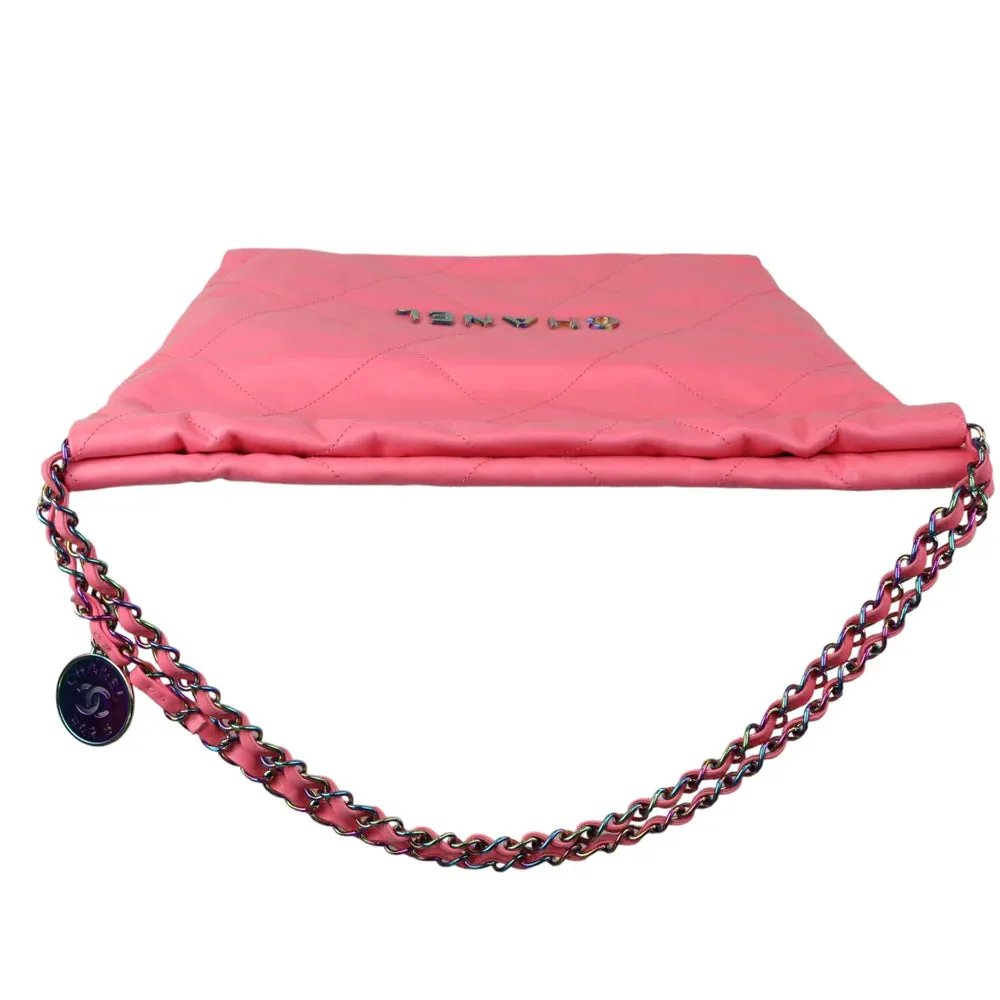 Chanel 22 Tote With Pouch- Medium Pink Quilted Calfskin, Rainbow Hardware