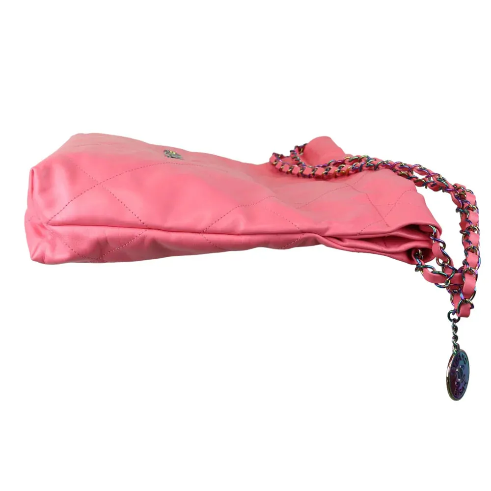 Chanel 22 Tote With Pouch- Medium Pink Quilted Calfskin, Rainbow Hardware