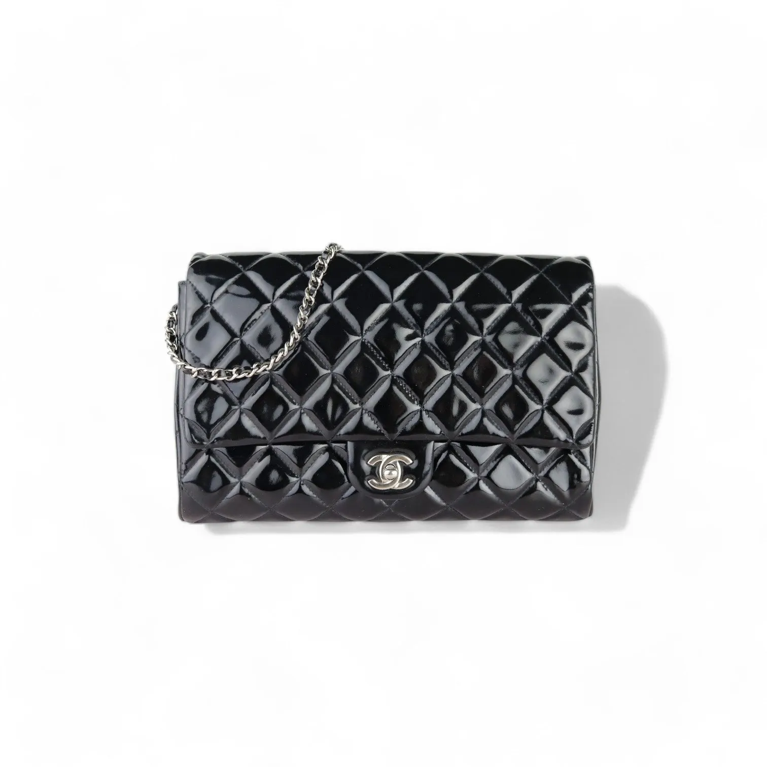 Chanel Clutch with Chain Flap Patent Quilted Black Silver-tone Hardware