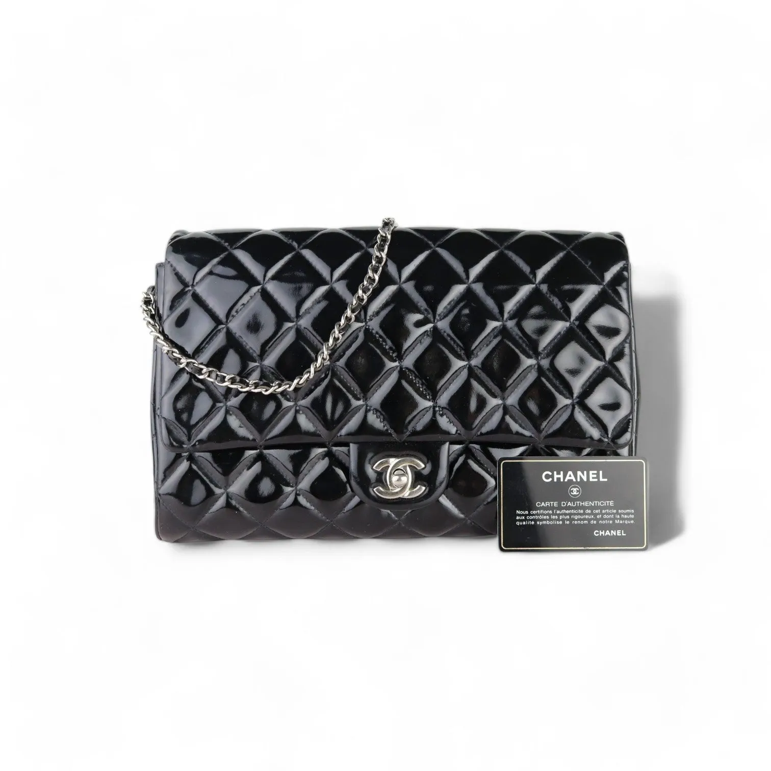 Chanel Clutch with Chain Flap Patent Quilted Black Silver-tone Hardware