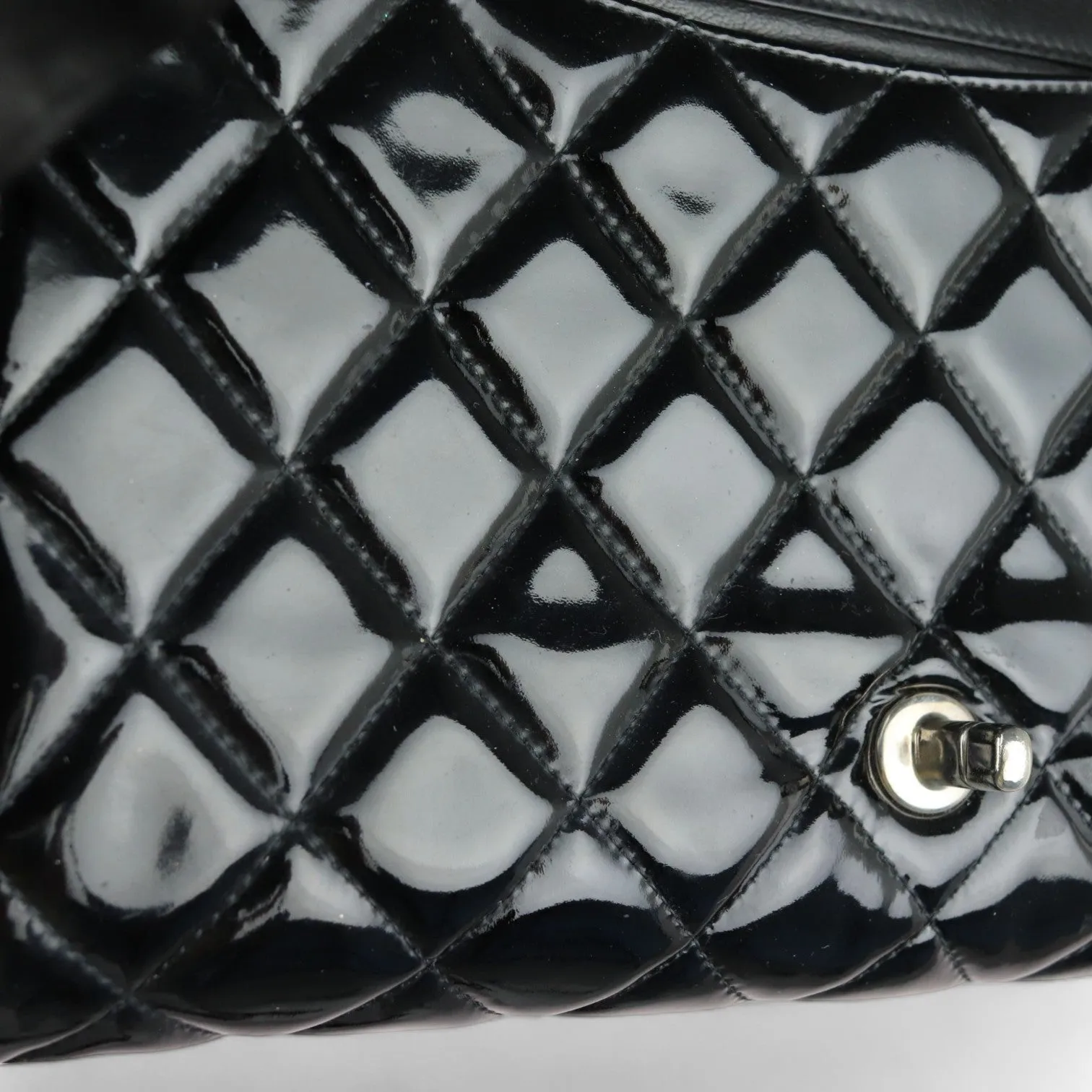 Chanel Clutch with Chain Flap Patent Quilted Black Silver-tone Hardware