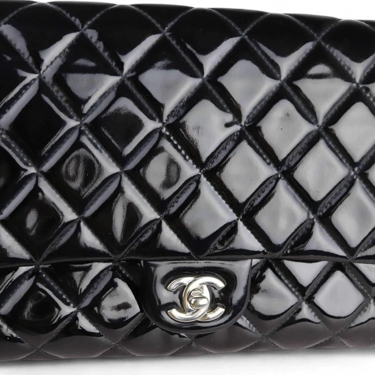 Chanel Clutch with Chain Flap Patent Quilted Black Silver-tone Hardware