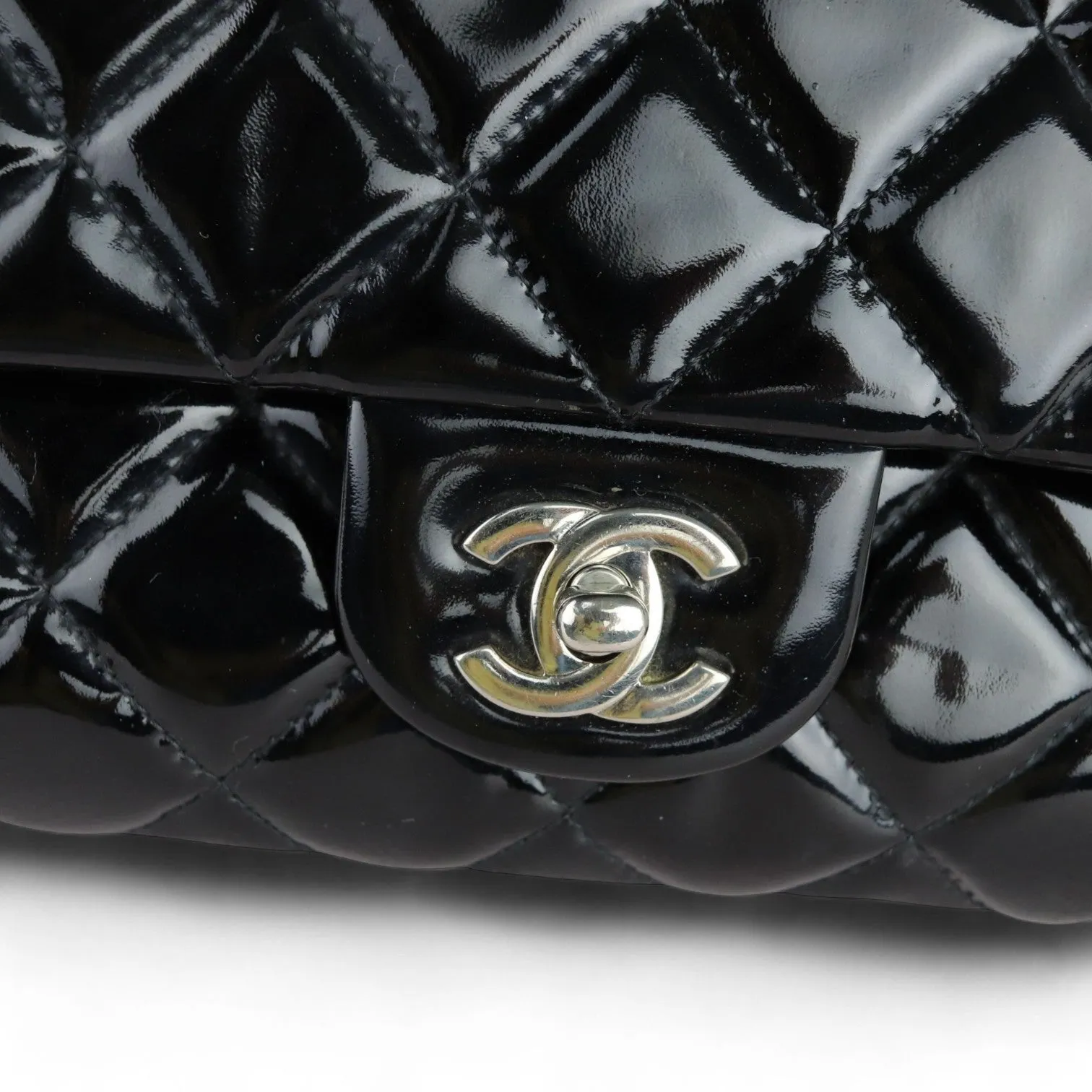 Chanel Clutch with Chain Flap Patent Quilted Black Silver-tone Hardware