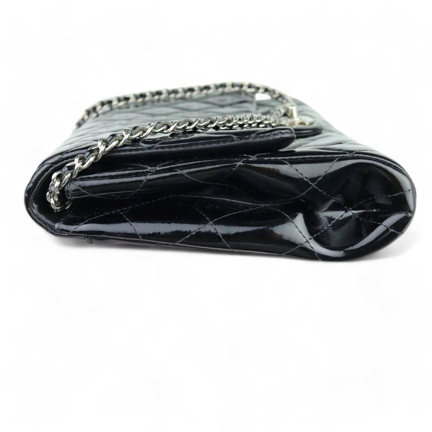 Chanel Clutch with Chain Flap Patent Quilted Black Silver-tone Hardware