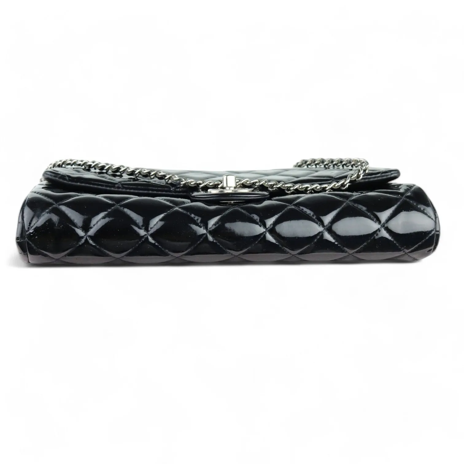 Chanel Clutch with Chain Flap Patent Quilted Black Silver-tone Hardware