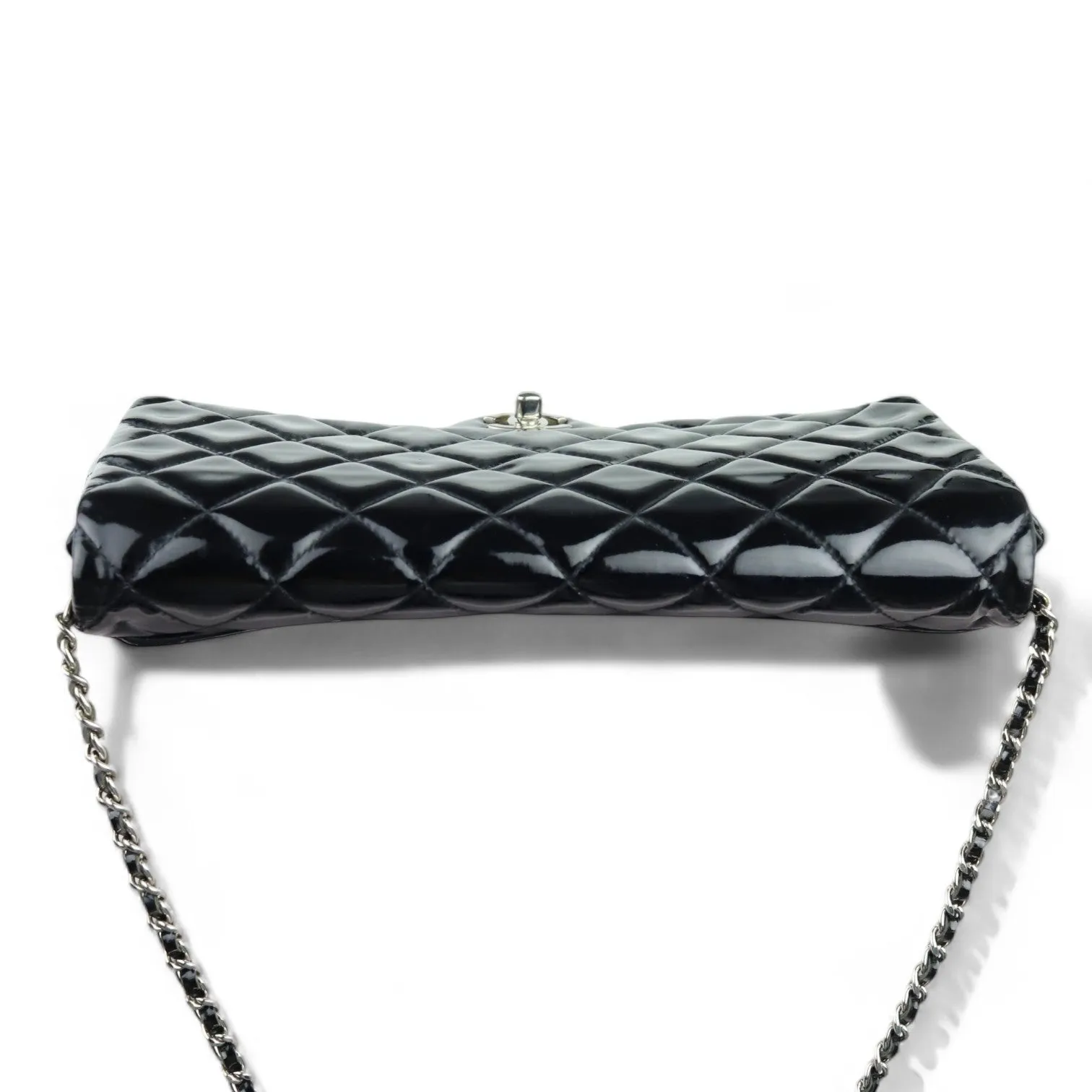 Chanel Clutch with Chain Flap Patent Quilted Black Silver-tone Hardware