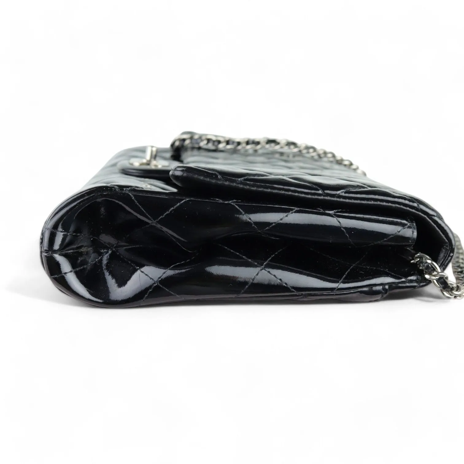 Chanel Clutch with Chain Flap Patent Quilted Black Silver-tone Hardware