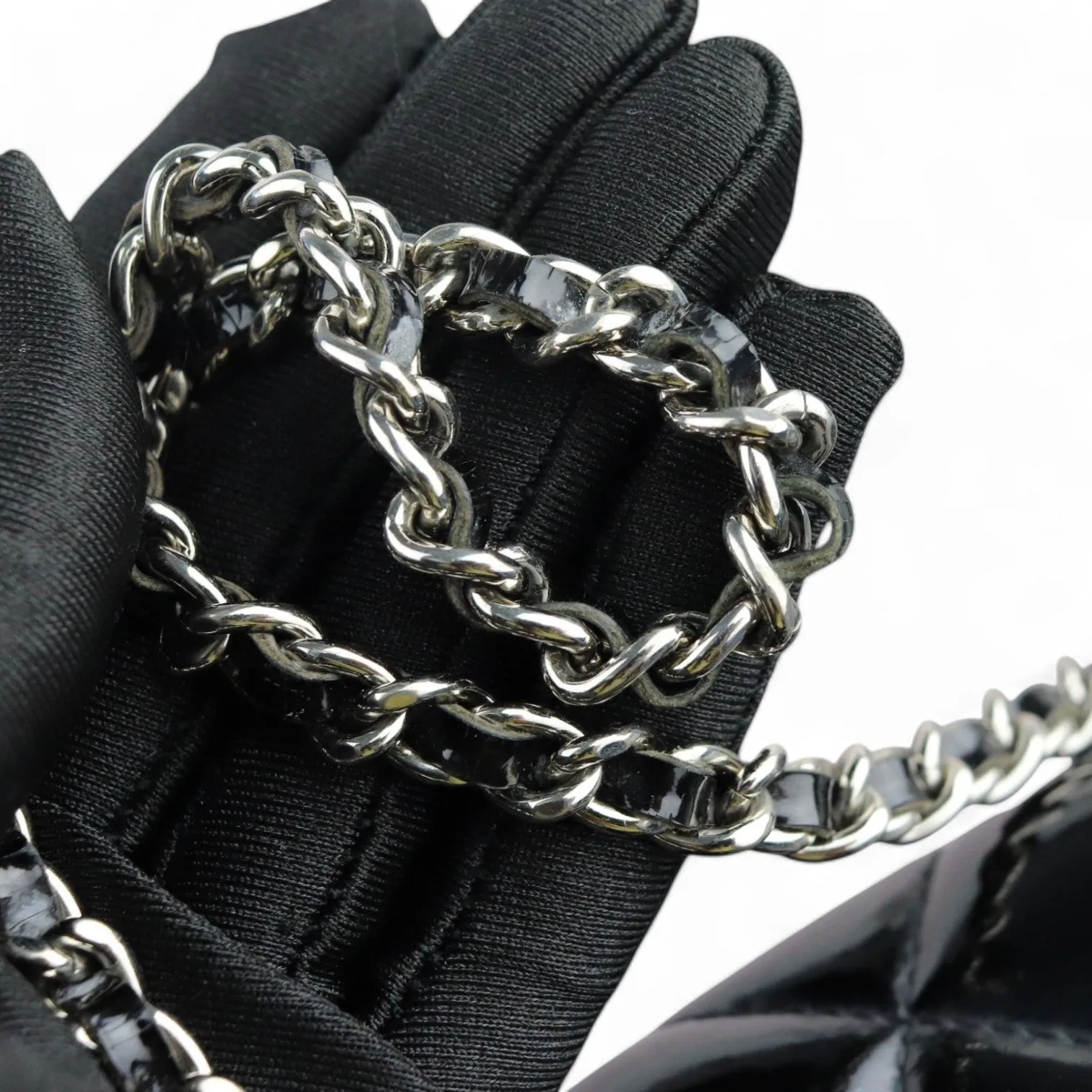 Chanel Clutch with Chain Flap Patent Quilted Black Silver-tone Hardware