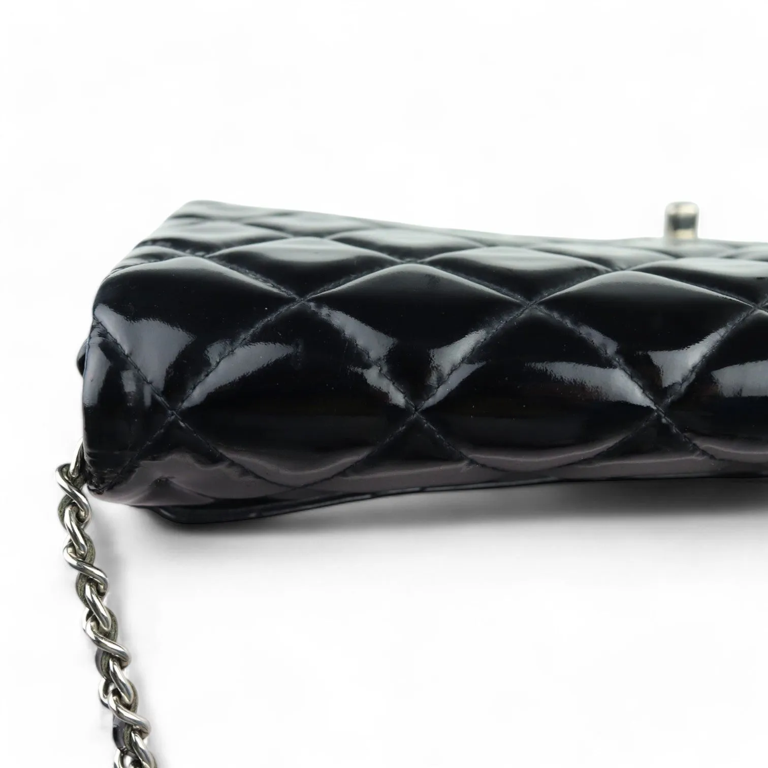 Chanel Clutch with Chain Flap Patent Quilted Black Silver-tone Hardware