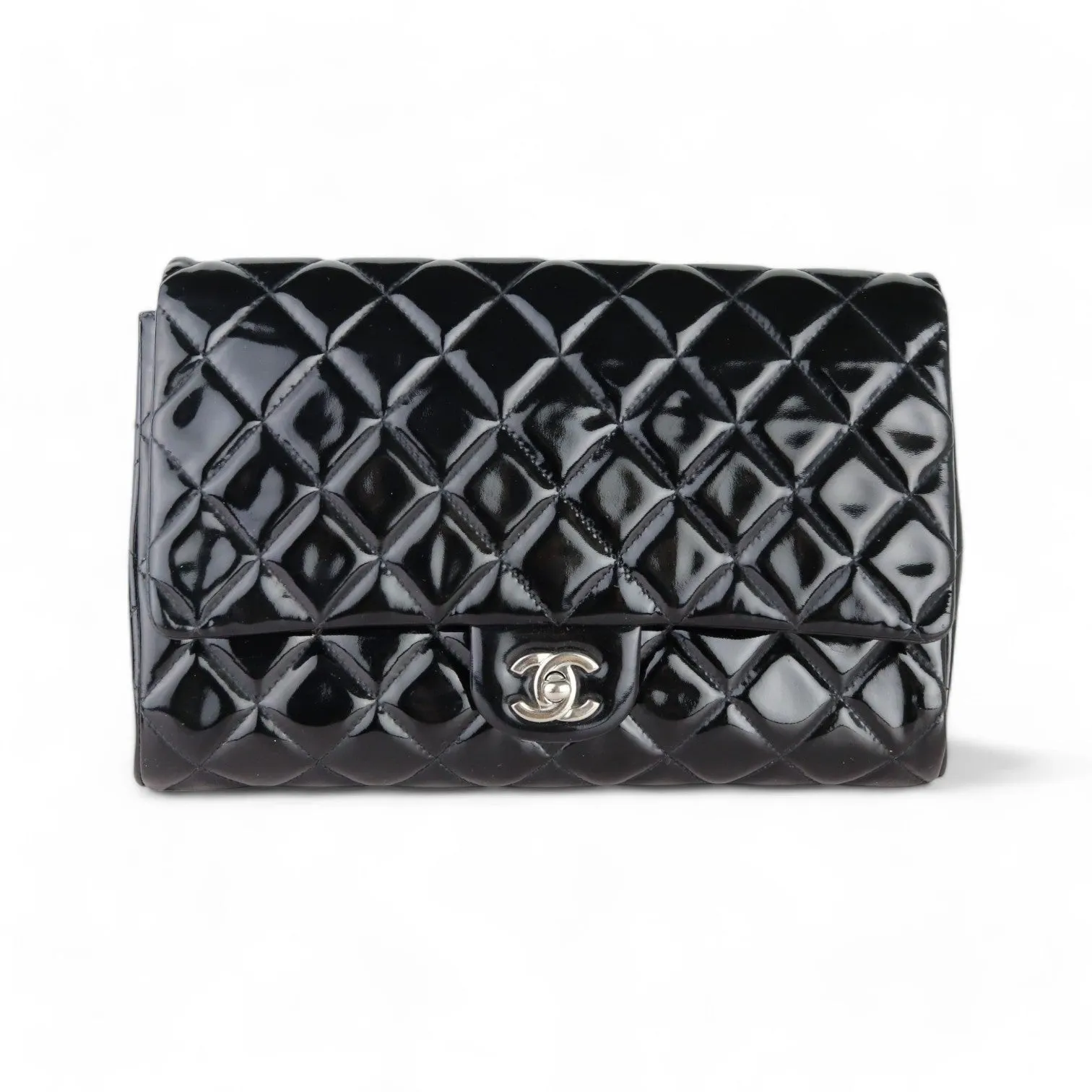 Chanel Clutch with Chain Flap Patent Quilted Black Silver-tone Hardware