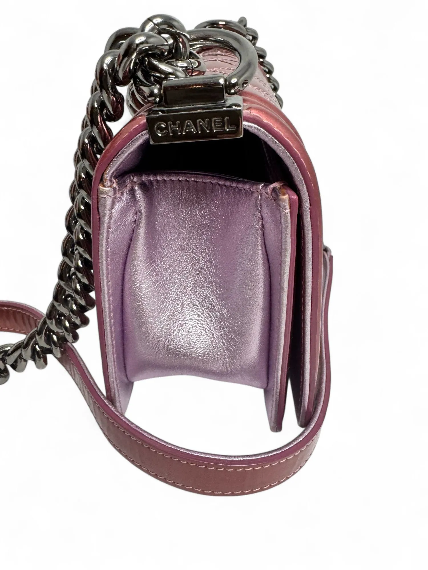 Chanel Leboy Small in Metallic Burgundy and Lavander Patent Calfskin Leather with Ruthenium Hardware