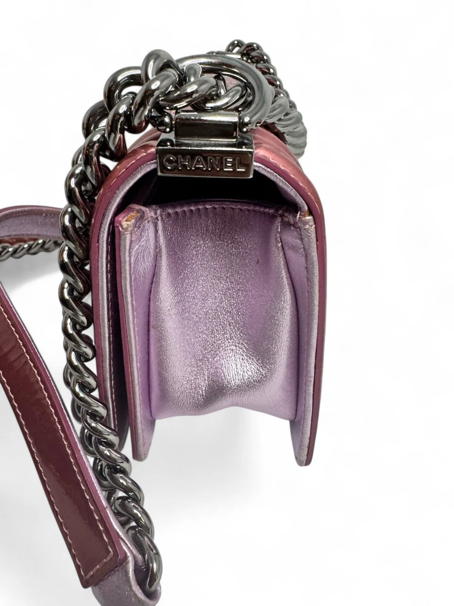 Chanel Leboy Small in Metallic Burgundy and Lavander Patent Calfskin Leather with Ruthenium Hardware