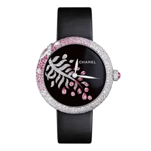 Chanel Mademoiselle 37.5mm Watch - Ref: H3098 - Black Dial in 18K White Gold Pave Diamond Pink Sapphire Case Black Satin Strap