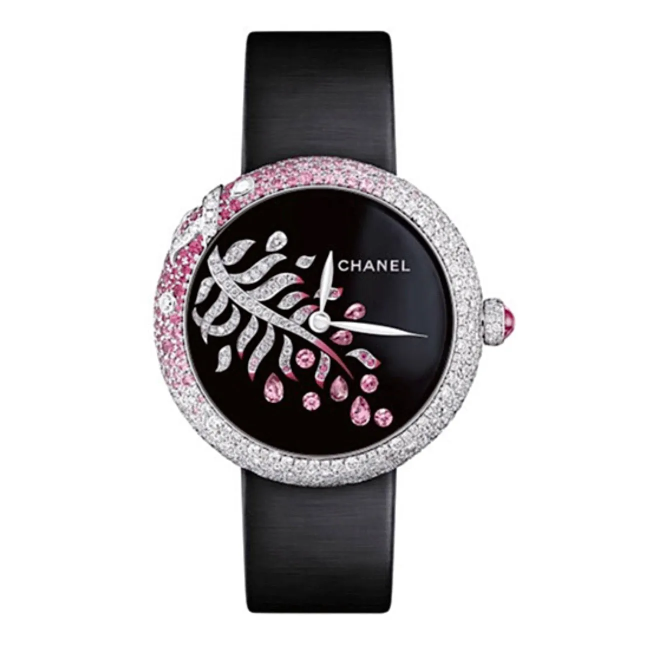 Chanel Mademoiselle 37.5mm Watch - Ref: H3098 - Black Dial in 18K White Gold Pave Diamond Pink Sapphire Case Black Satin Strap