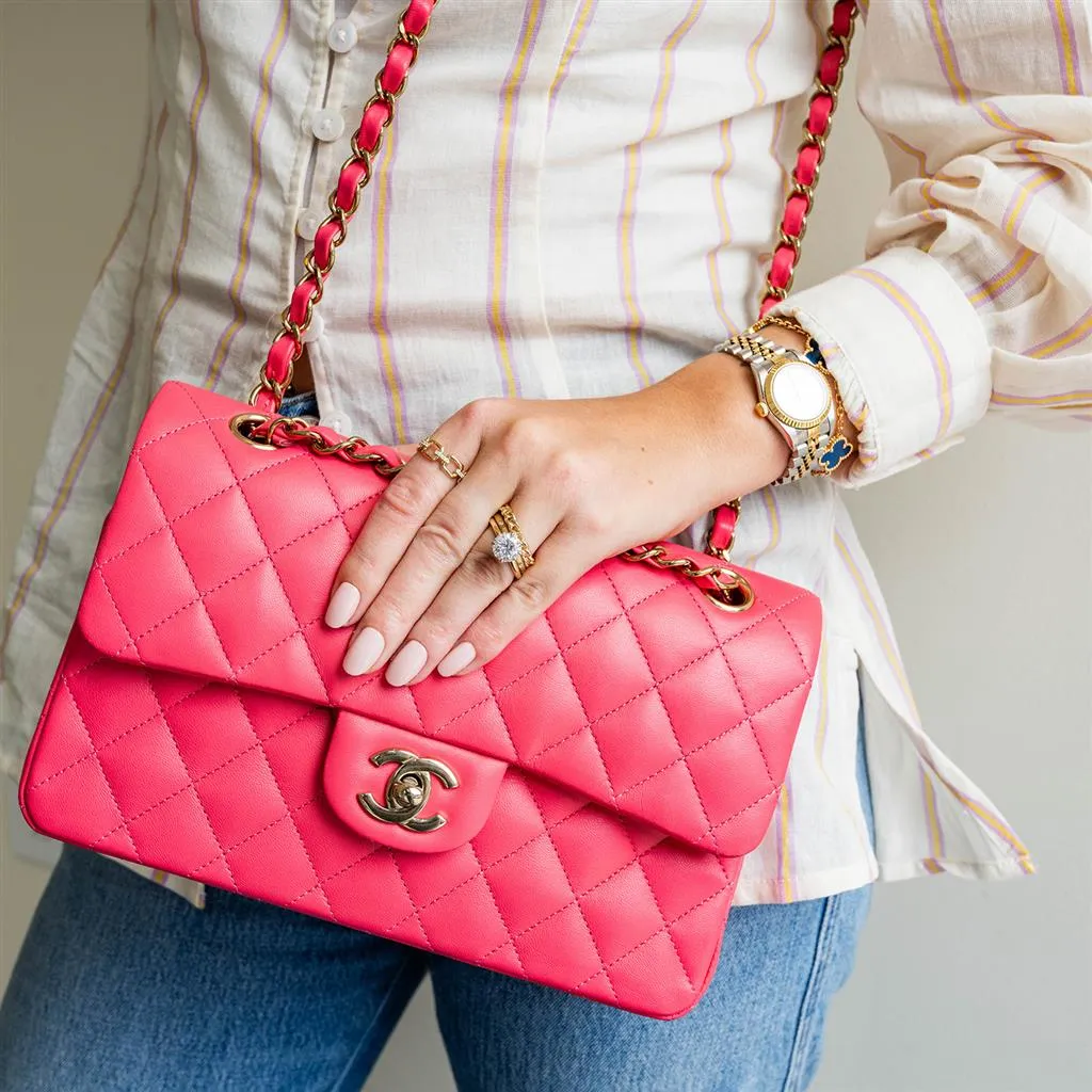 Chanel | Pink Classic Double Flap Lambskin Handbag, Small - Gold-Tone