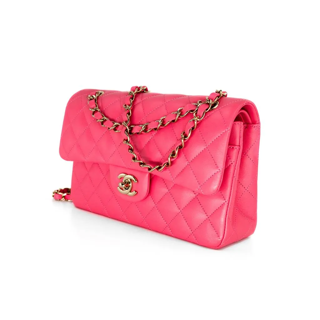 Chanel | Pink Classic Double Flap Lambskin Handbag, Small - Gold-Tone