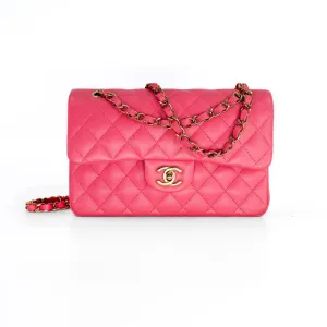 Chanel | Pink Classic Double Flap Lambskin Handbag, Small - Gold-Tone