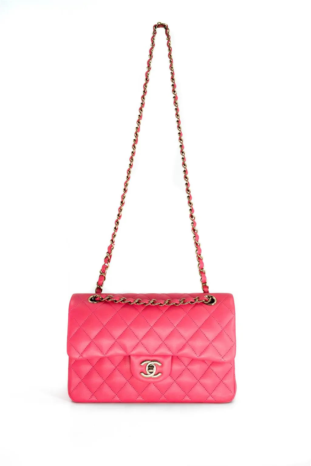 Chanel | Pink Classic Double Flap Lambskin Handbag, Small - Gold-Tone