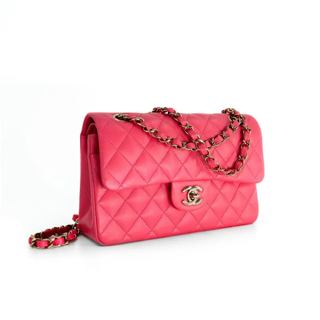 Chanel | Pink Classic Double Flap Lambskin Handbag, Small - Gold-Tone