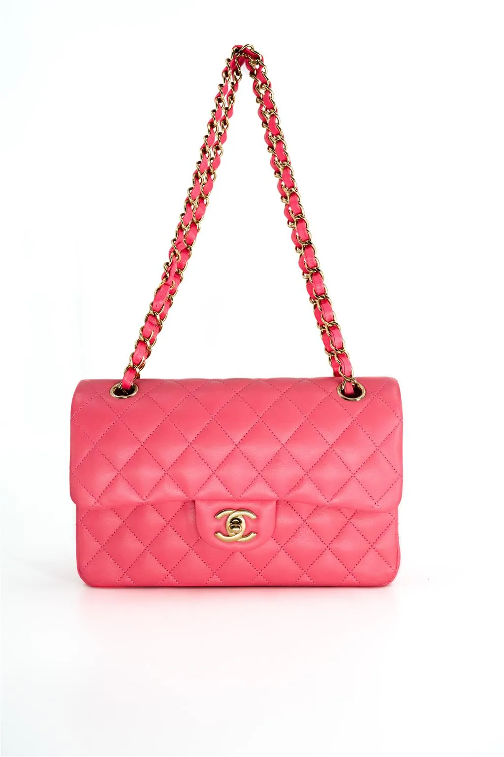 Chanel | Pink Classic Double Flap Lambskin Handbag, Small - Gold-Tone