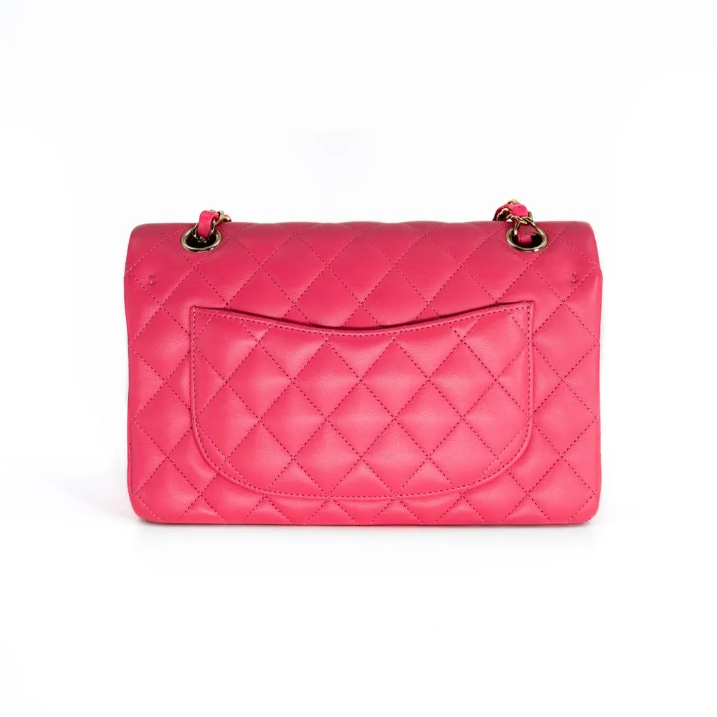 Chanel | Pink Classic Double Flap Lambskin Handbag, Small - Gold-Tone