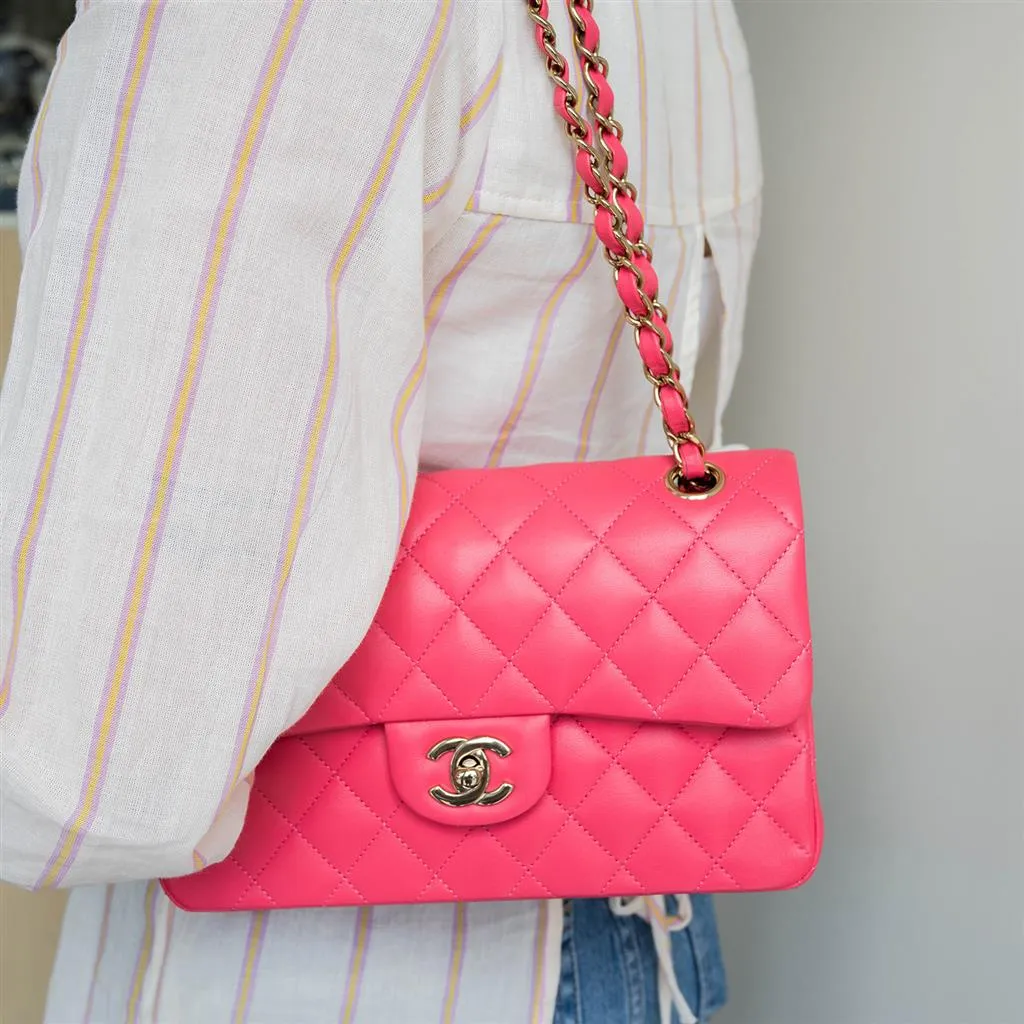 Chanel | Pink Classic Double Flap Lambskin Handbag, Small - Gold-Tone