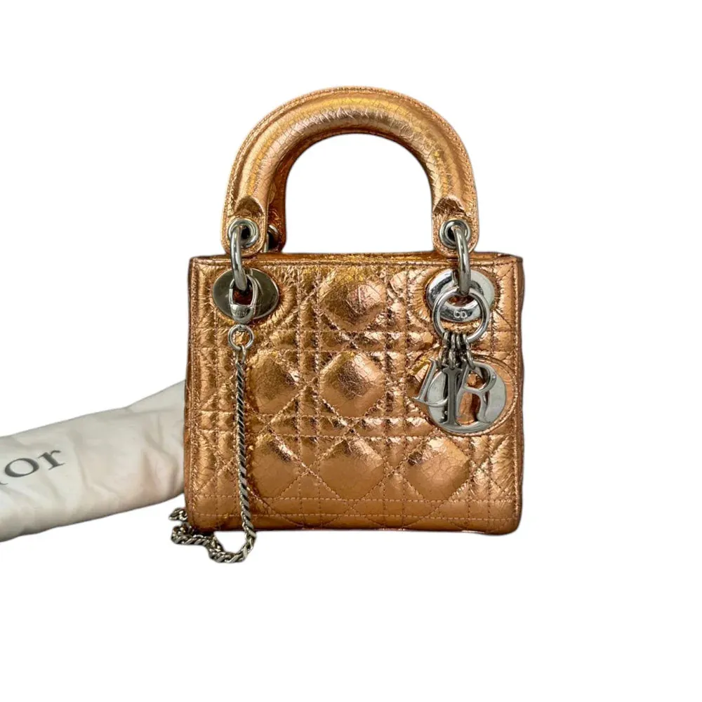 Christian Dior Lady Dior Mini Metallic Cannage Gold Silver Tone Hardware
