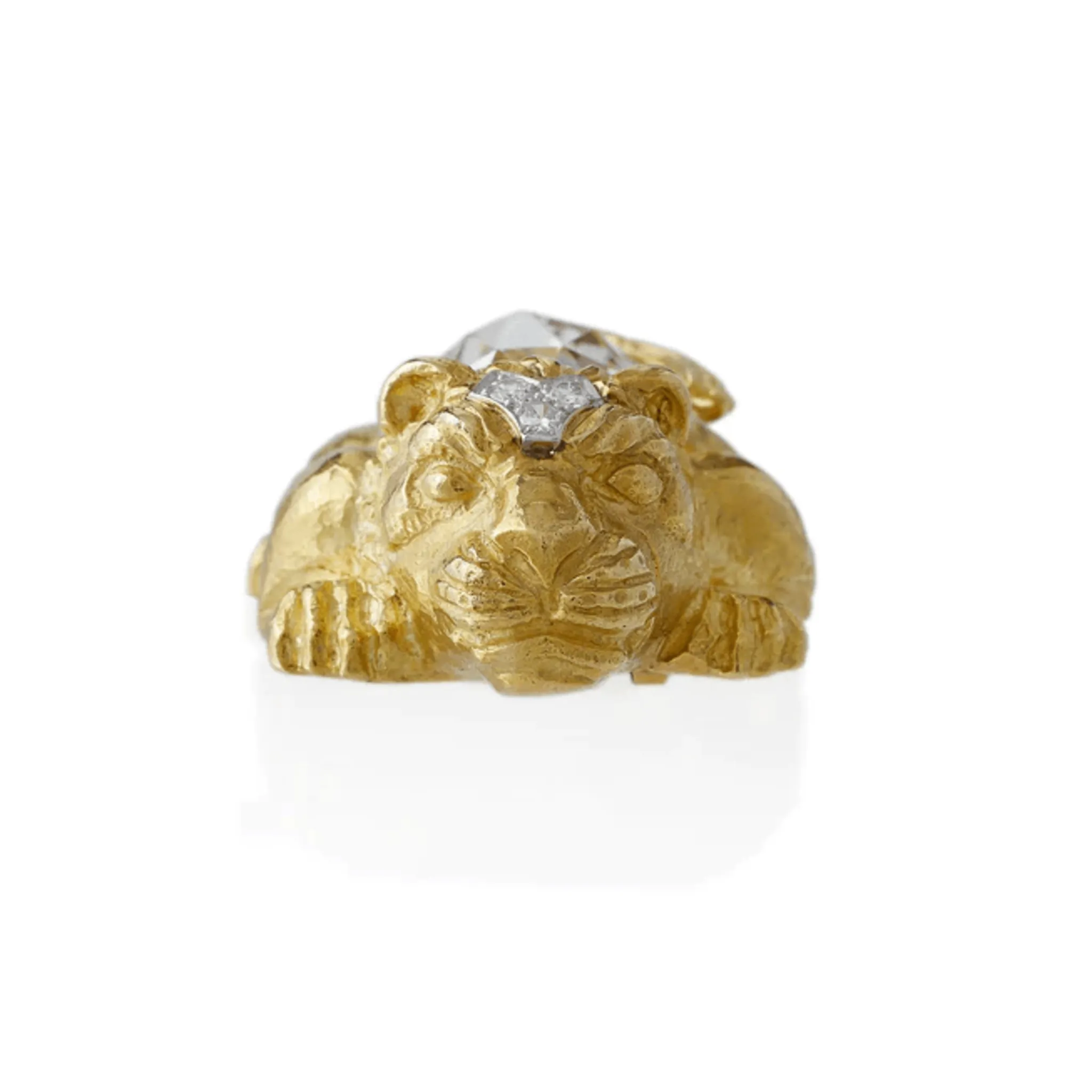 David Webb 1970s Platinum & 18KT Yellow Gold Diamond & Rock Crystal Lion Brooch