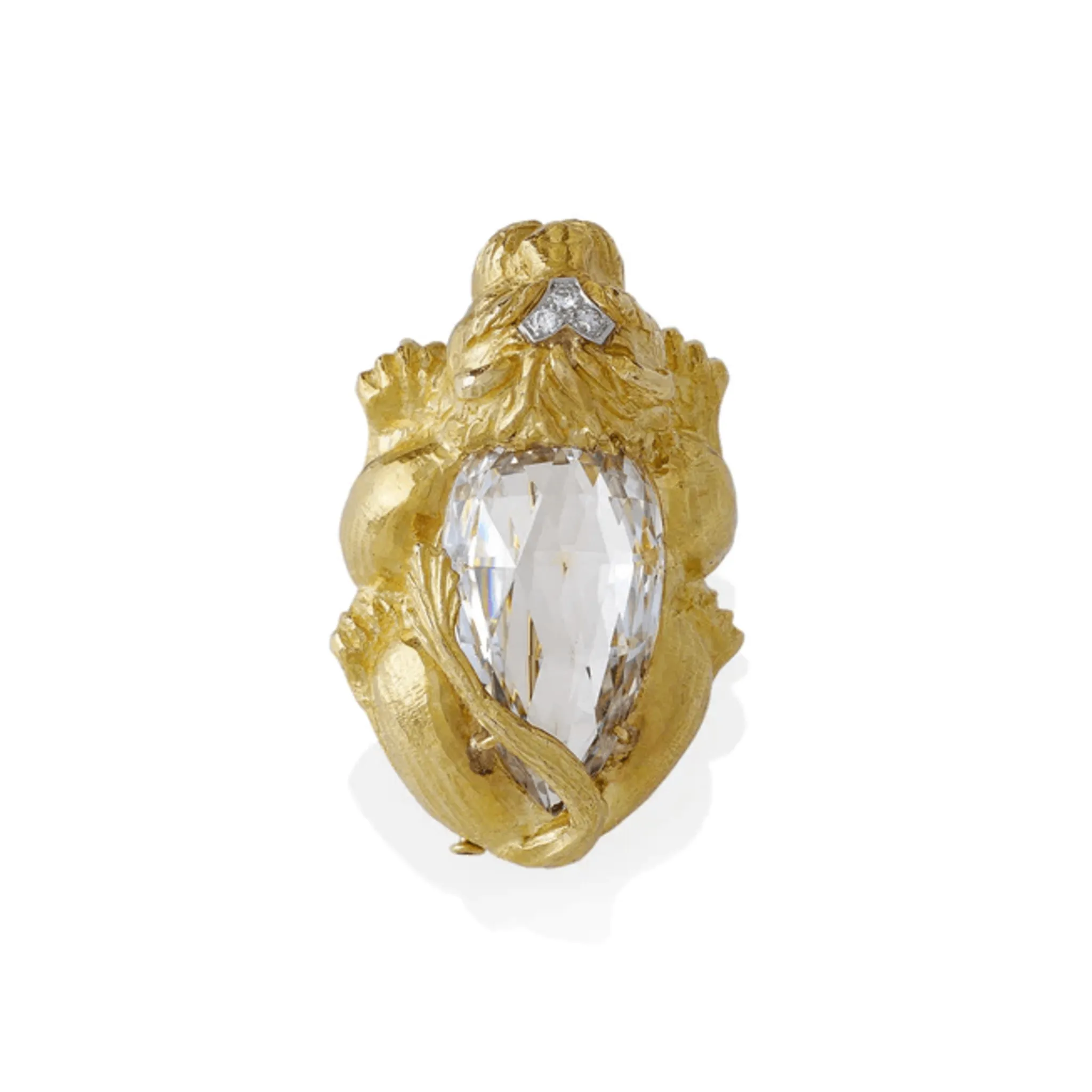 David Webb 1970s Platinum & 18KT Yellow Gold Diamond & Rock Crystal Lion Brooch