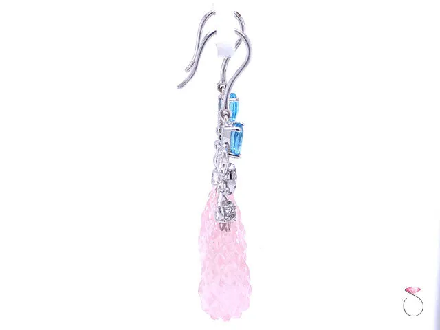Diamond & Carved Pink Quartz Large Drop Earrings, 18K White Gold