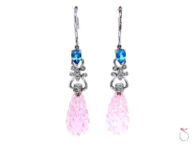 Diamond & Carved Pink Quartz Large Drop Earrings, 18K White Gold