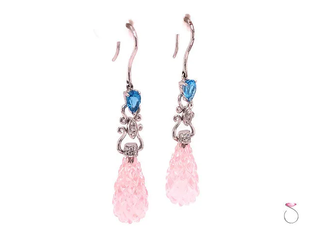 Diamond & Carved Pink Quartz Large Drop Earrings, 18K White Gold