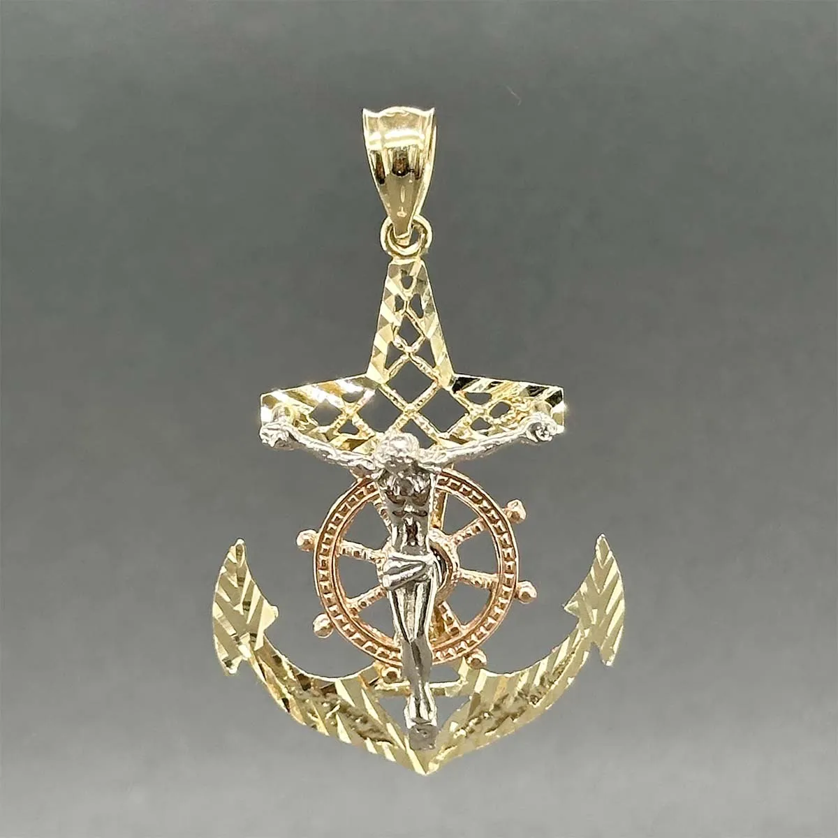 Estate 14K Tricolor Gold Anchor Crucifix Pendant