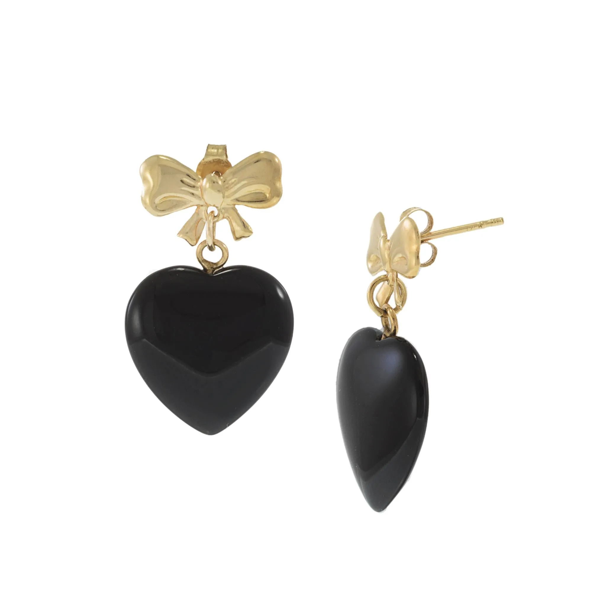 Estate 14KT Yellow Gold Bow Earrings with Dangling Black Onyx Hearts